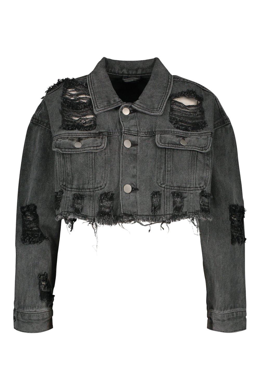 Black cropped ripped denim jacket best sale